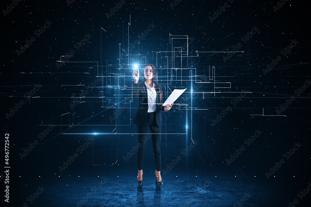 Attractive young european businesswoman using abstract glowing lines interface on dark background. B