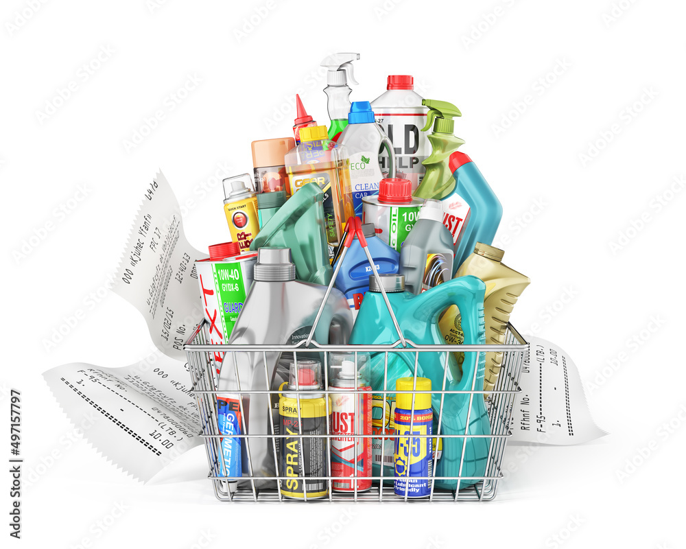 Different Bottles of car maintenance products on a white background. Oil, detergents and lubricants.