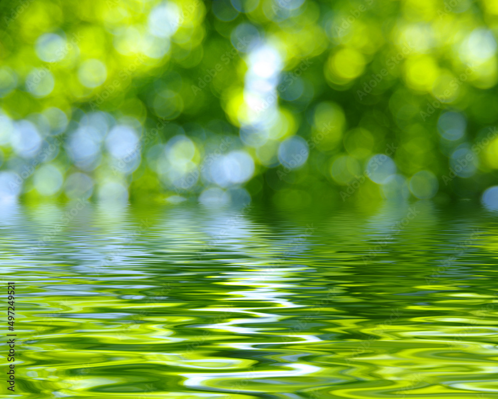 Green blur spring background with water