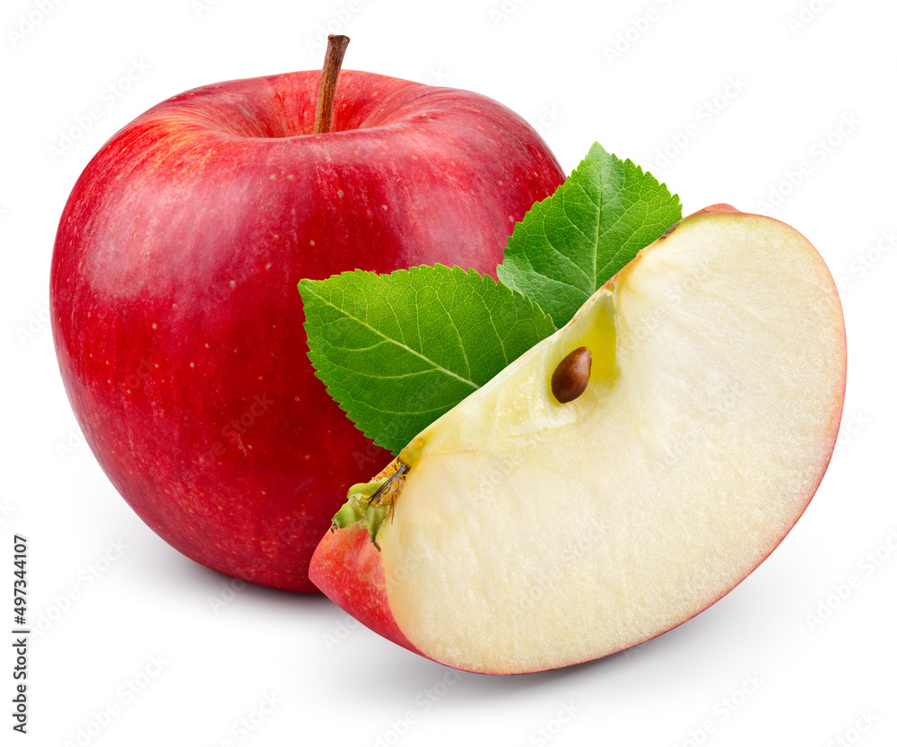 Red apple with a slice isolated. Whole and cut apple with green leaf on white background. Red appl w