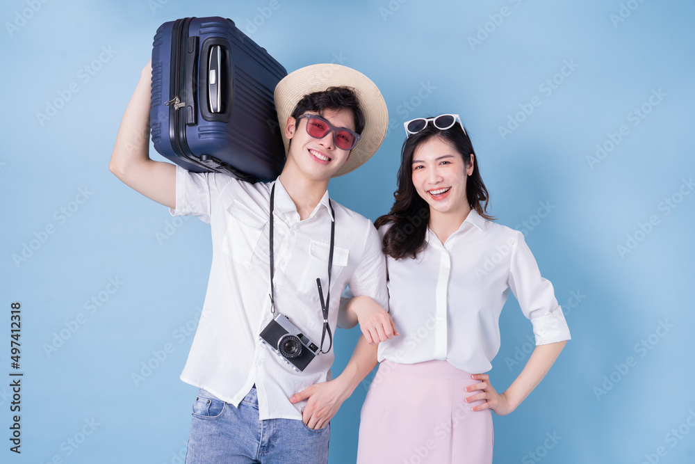 Image of young Asian couple travel, summer vacation