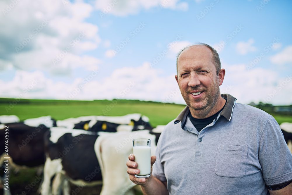 Its only the best on my farm. Cropped portrait of a male farmer standing with a glass of milk on his