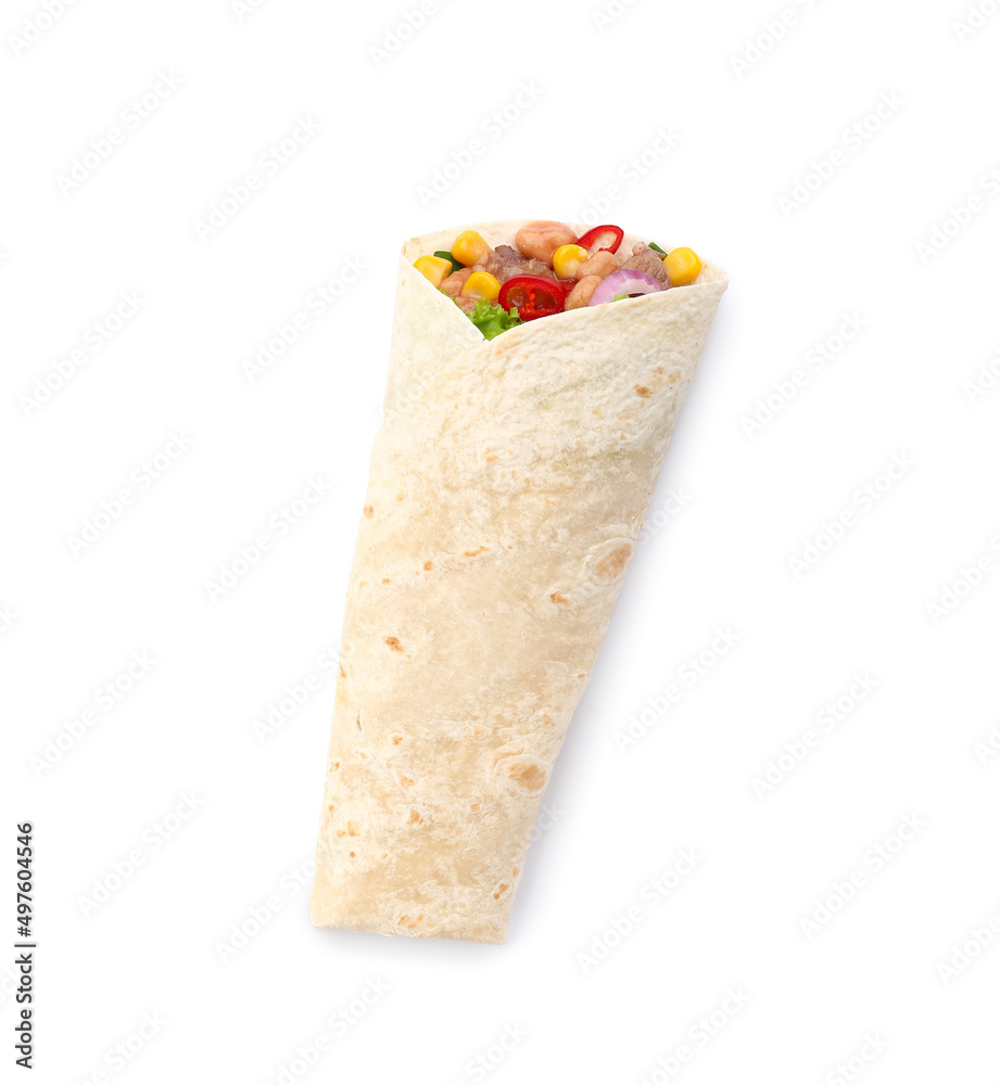 Tasty burrito with meat on white background