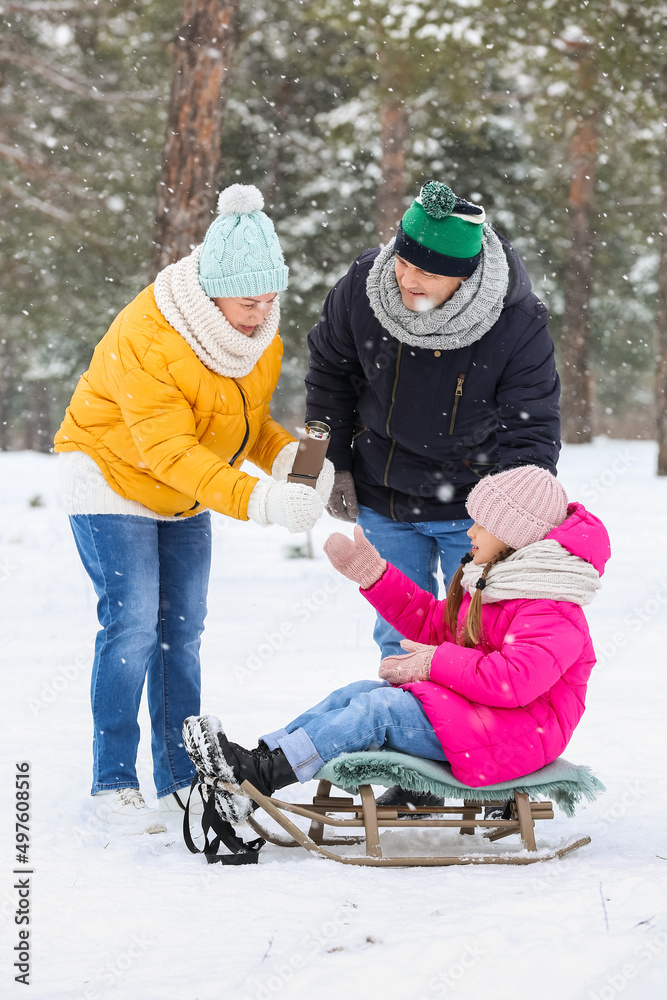 雪天小女孩和爷爷奶奶带着保温瓶