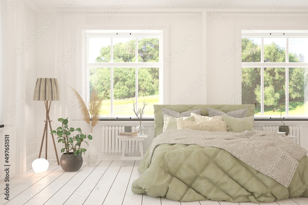 Stylish bedroom in white color with summer landscape in window. Scandinavian interior design. 3D ill