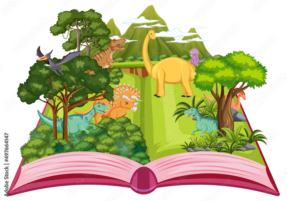 Pop up book with outdoor nature scene and dinosaur