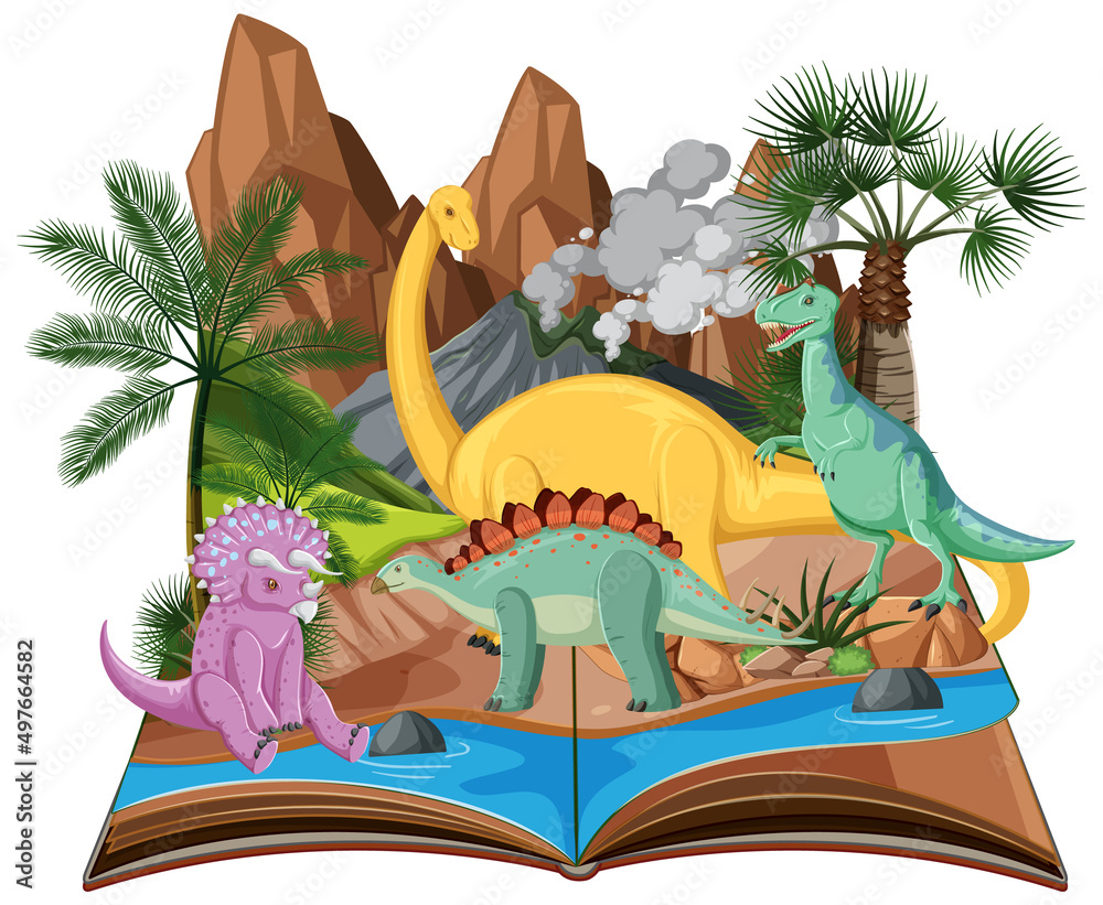 Scene with many dinosaurs by river