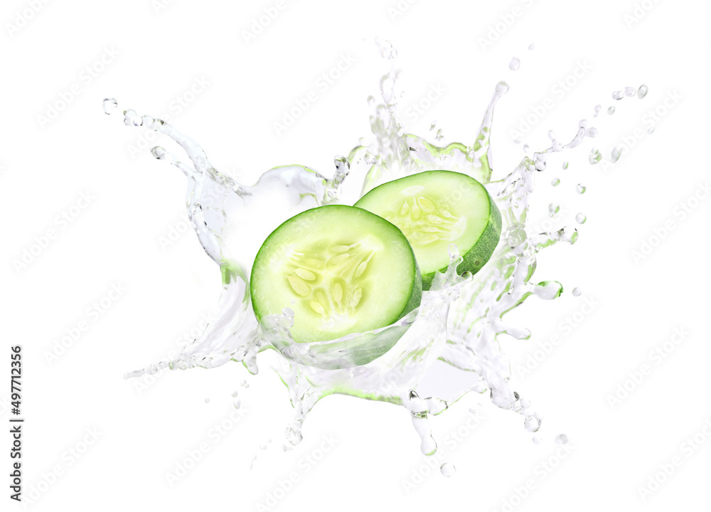 Cucumber slices with water splashing isolated on white background.