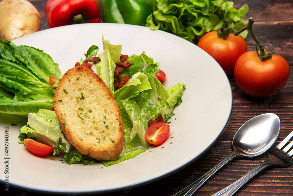 Homemade Bacon  Caesar Salad with Crispy garlic bread-Italian and Croutons,