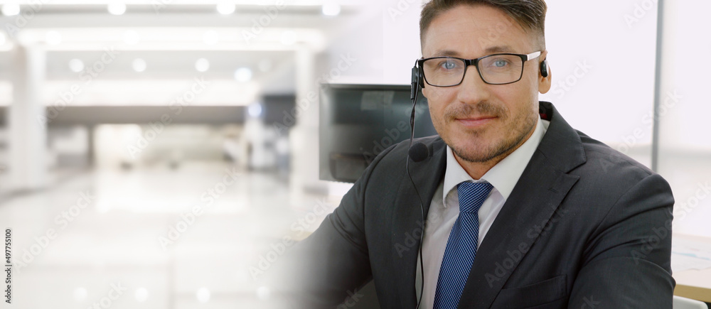 Business people wearing headset working in office to support remote customer or colleague. Call cent