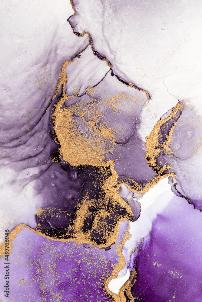 Purple gold abstract background of marble liquid ink art painting on paper . Image of original artwo