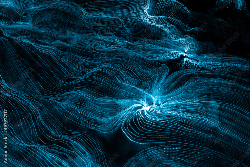 Abstract wave of digital weave lines connecting network dots and dark background . Modern 3D mesh pa