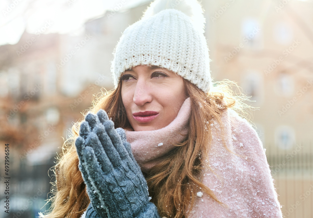 没有一片雪花落错了地方。一个迷人的年轻女人喜欢外出的照片