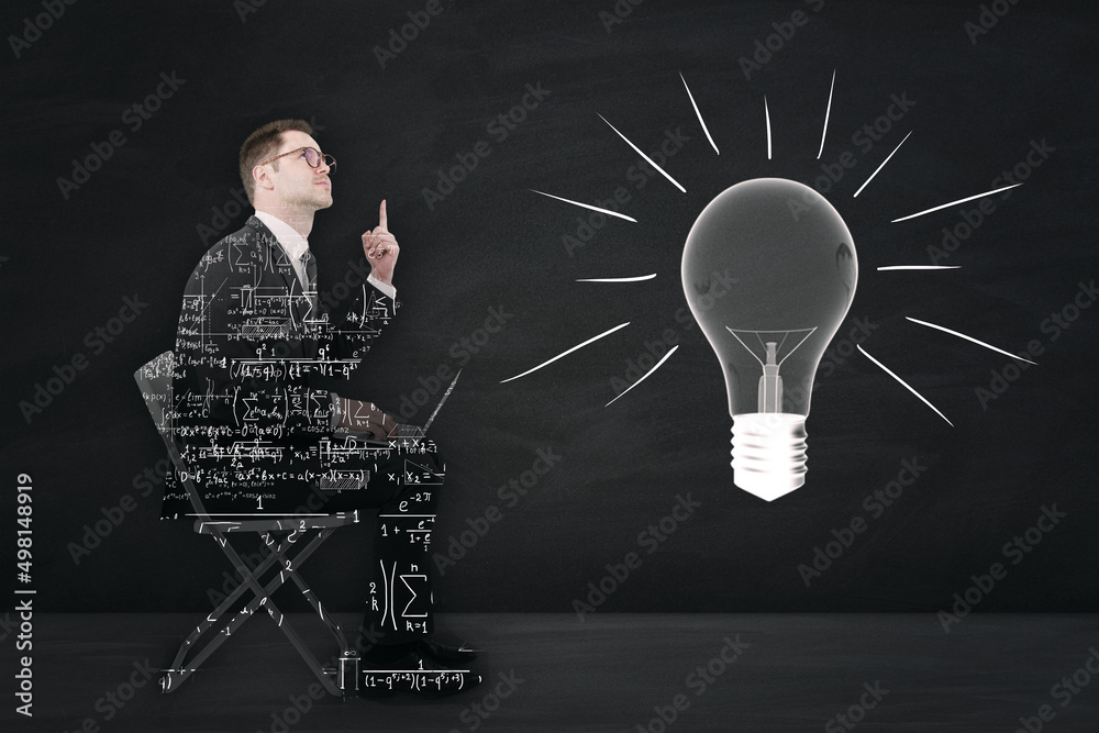 Abstract businessman outline filled with mathematical formulas sitting and pointing up on chalkboard