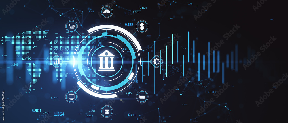 黑暗背景下创意广泛的网上银行全息图。技术、金融科技和金融概念。3