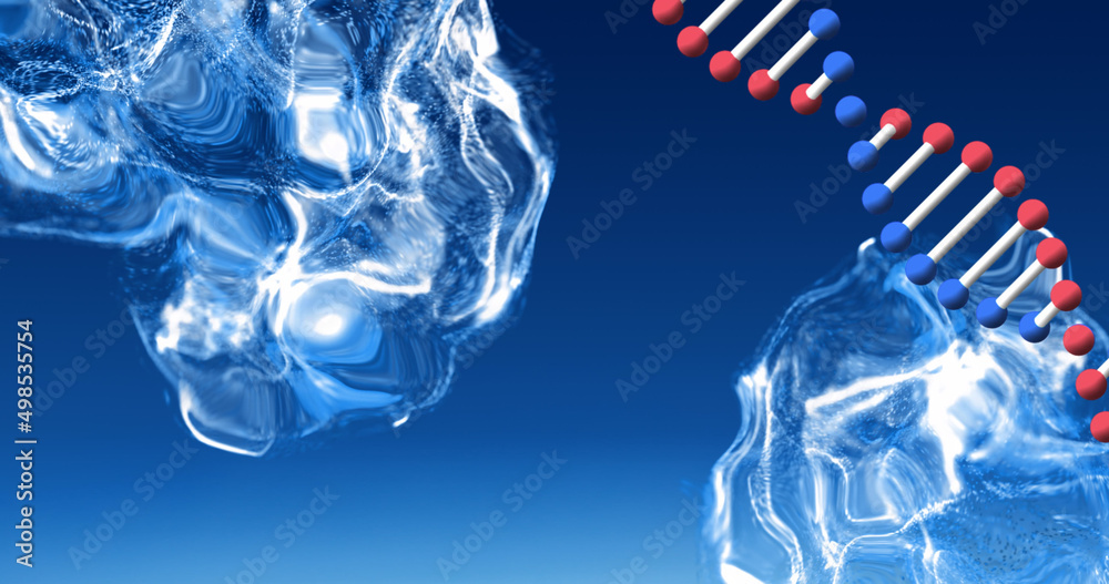 蓝色背景下，dna结构在数字波的作用下旋转的数字图像