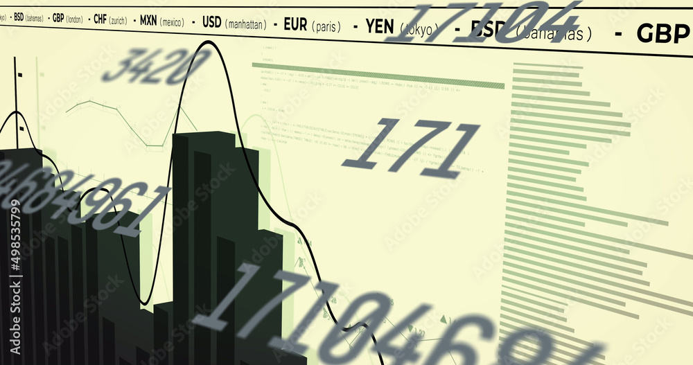 Multiple changing numbers and statistical data processing and graphs against yellow background