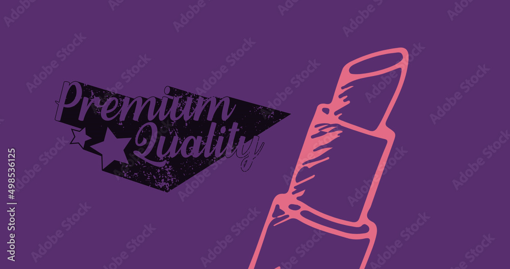 Image of premium quality text and lipstick over purple background