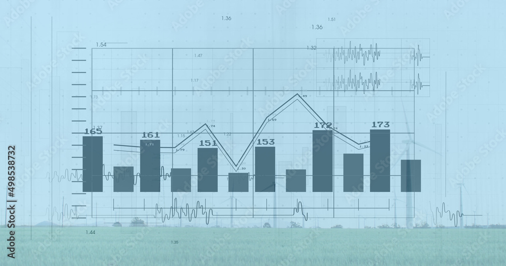 风力涡轮机和景观的财务数据处理图像
