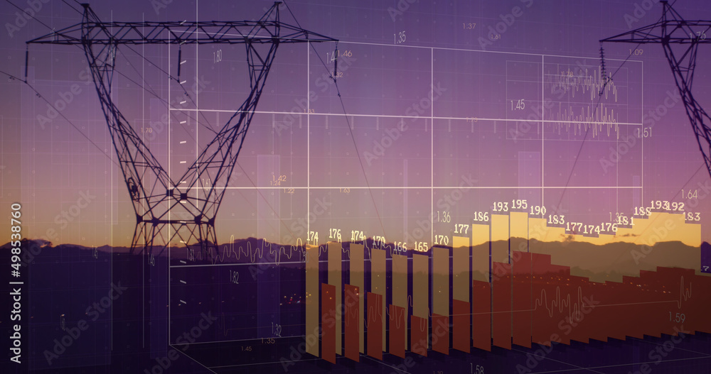 输电塔和景观上的财务数据处理图像