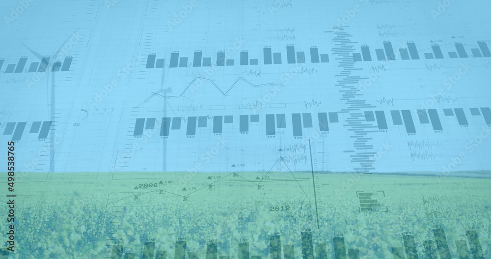 风力涡轮机和景观的财务数据处理图像
