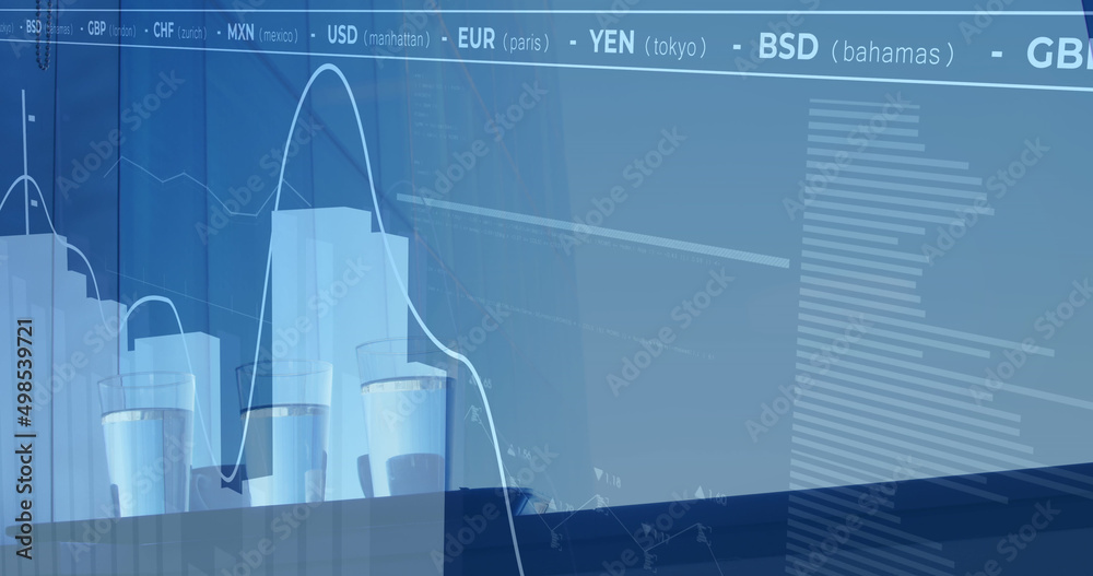 Image of financial data processing over glasses of water