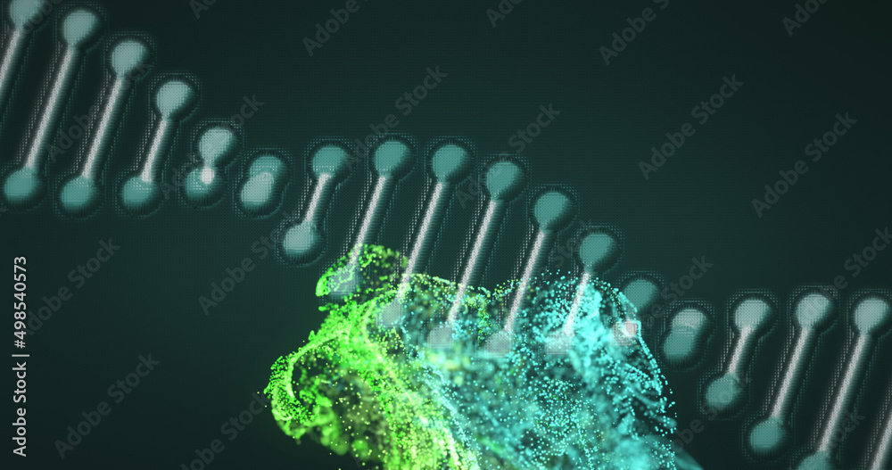 绿色背景下dna结构在数字波的作用下旋转的数字图像