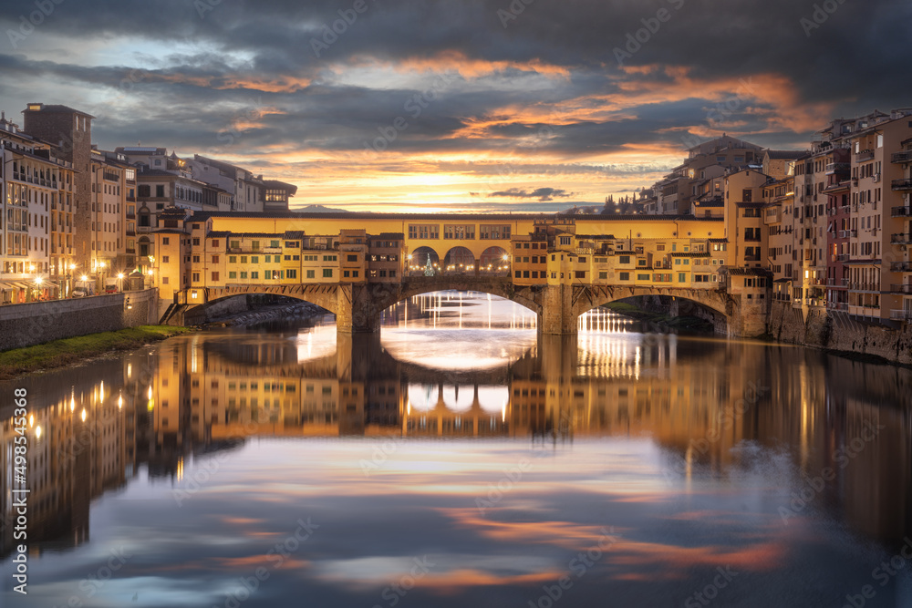 Florence, Italy at the Ponte Vecchio Bridge crossing the Arno River