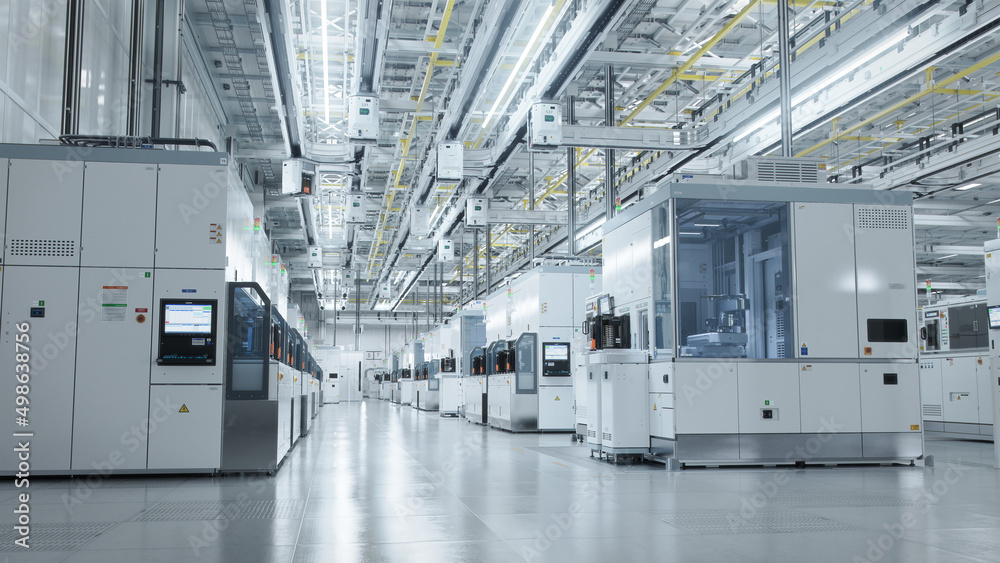 Inside Bright Advanced Semiconductor Production Fab Cleanroom with Working Overhead Wafer Transfer S