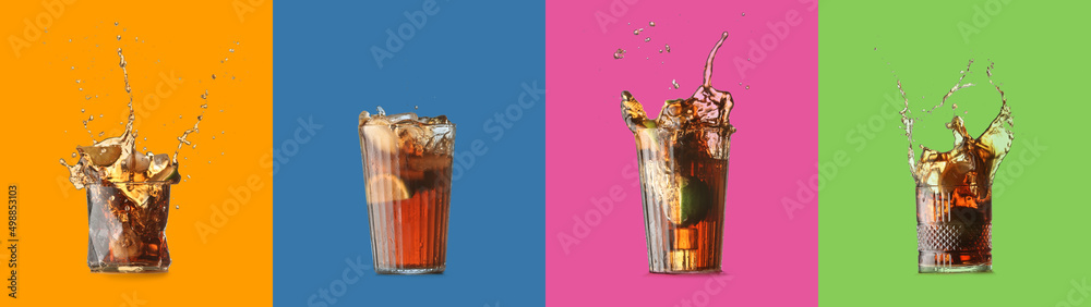 Glasses of tasty Cuba Libre cocktail on colorful background