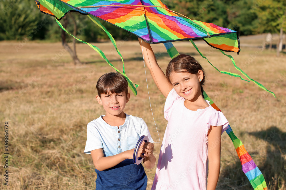 Cute little girl with her brother and kite in park