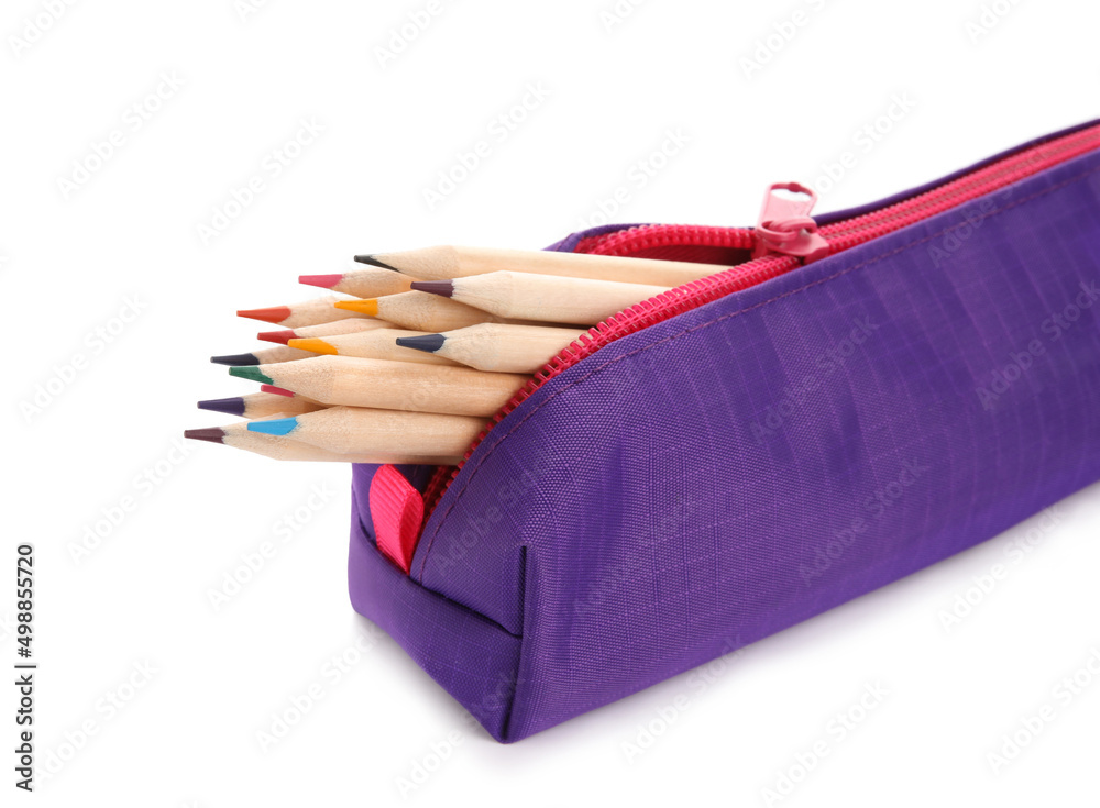 Case with color pencils isolated on white background, closeup