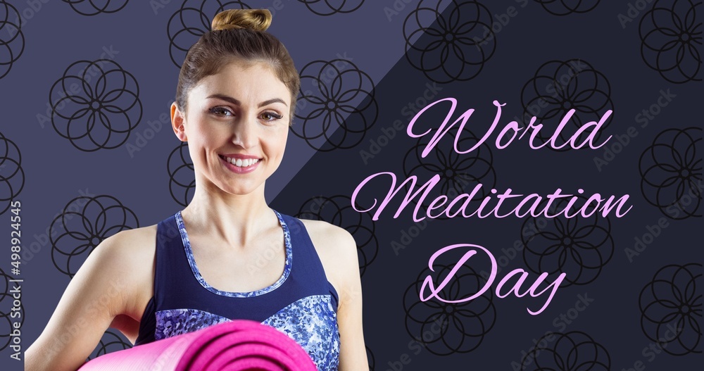 Portrait of smiling caucasian young woman with exercise mat by world meditation day text, copy space