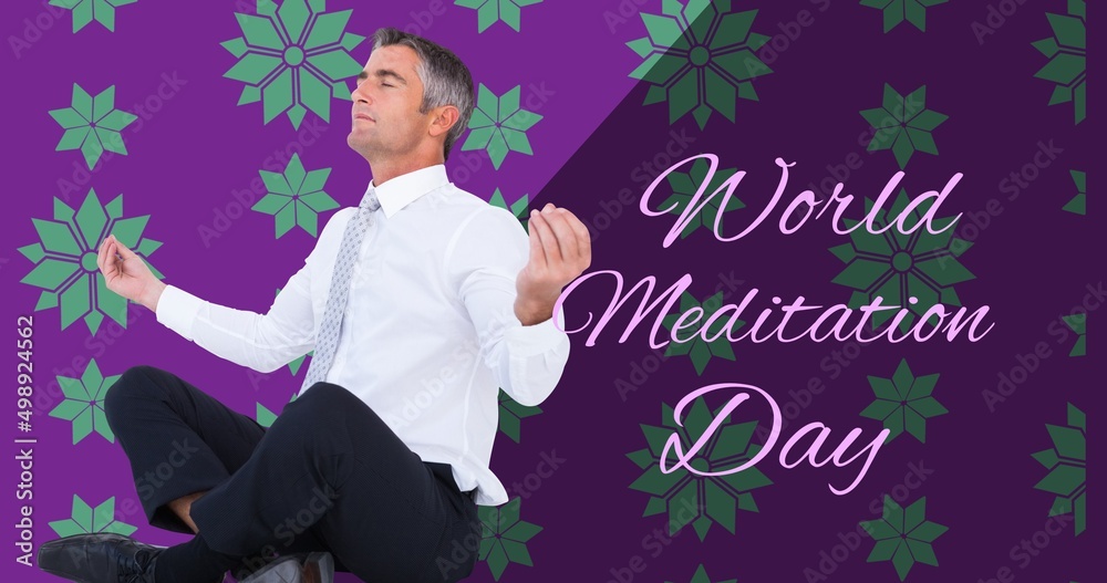 Composite of caucasian mature professional meditating by world meditation day text, copy space