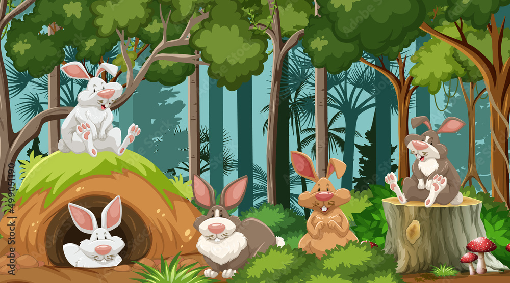 Group of rabbits in nature forest scene