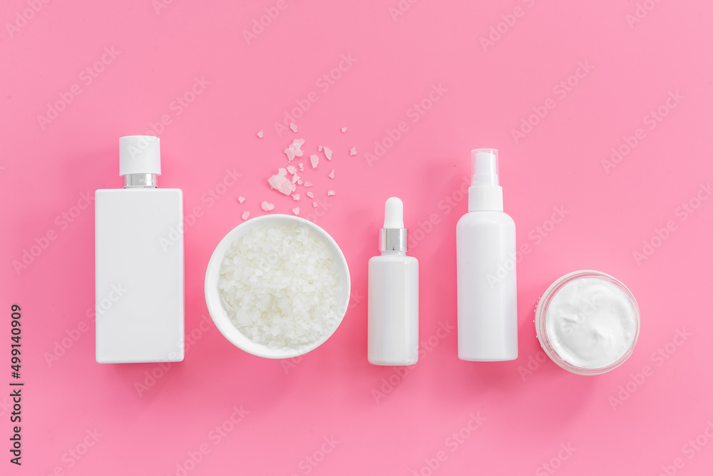 White beauty fashion cosmetic products. Set of makeup white cosmetic