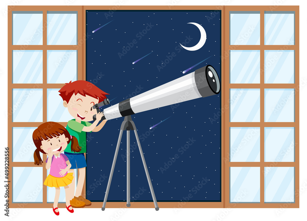 Kids observe night sky with telescope