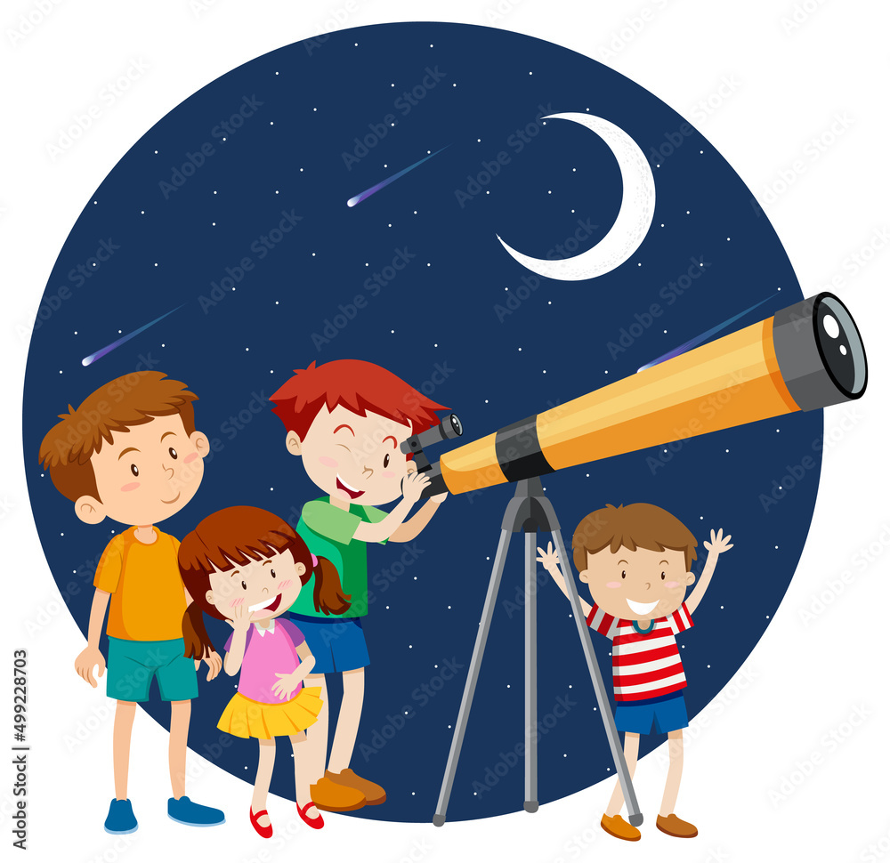 Happy kids observe night sky with telescope