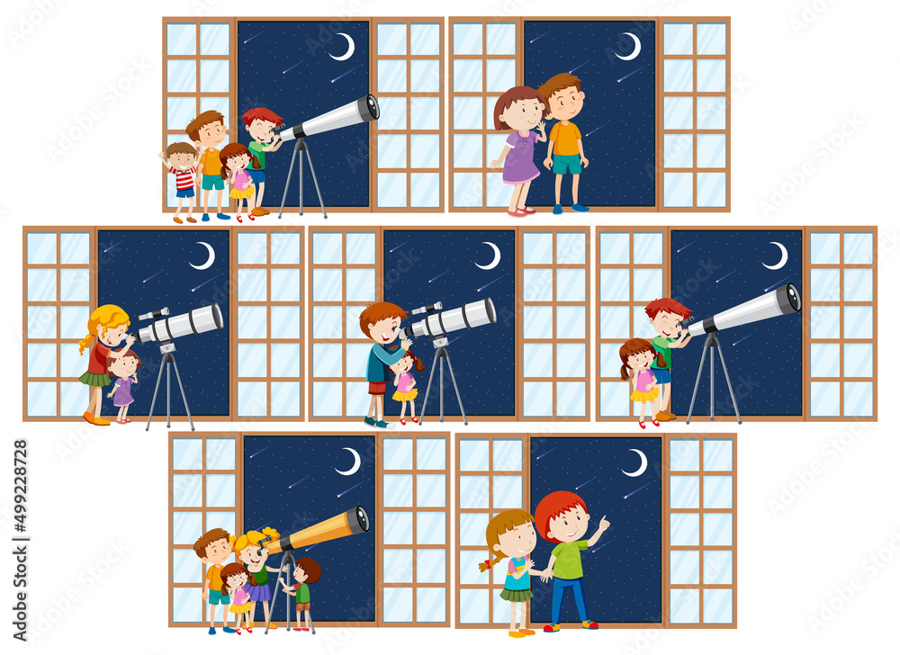 Set of different kids observe night sky with telescope