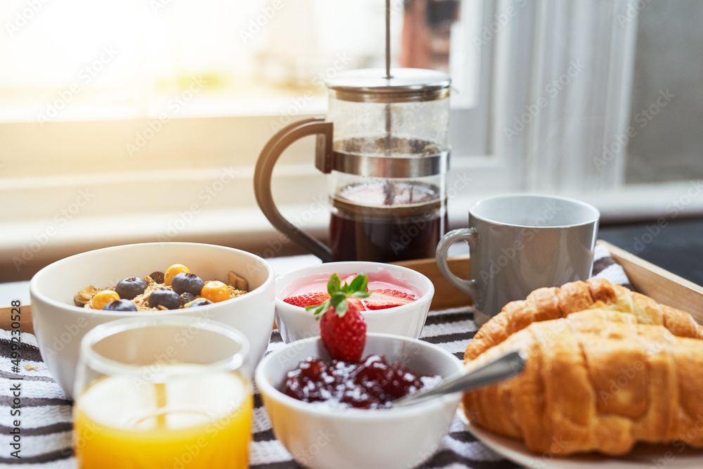 Breakfast is ready. Shot of breakfast on a table indoors.