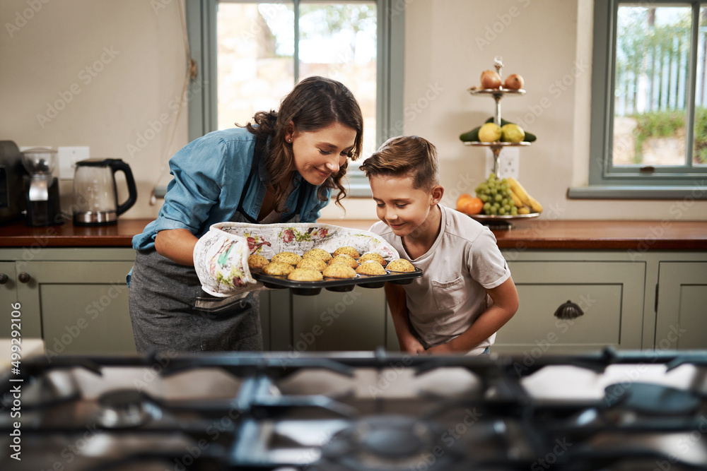 Nothing beats the smell of homemade muffins. Shot of a woman and her son baking together in the kitc