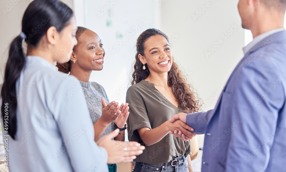 Its great to meet you. Shot of a young businesswoman shaking hands with a colleague in an office at 