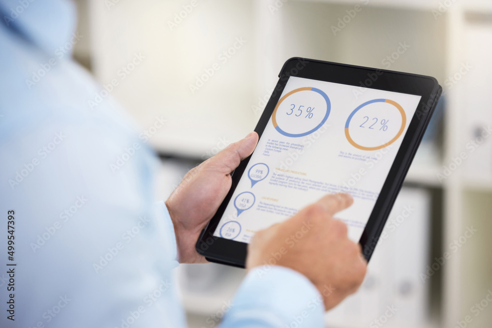 Our stats look great this quarter. Shot of a businessman using his digital tablet.