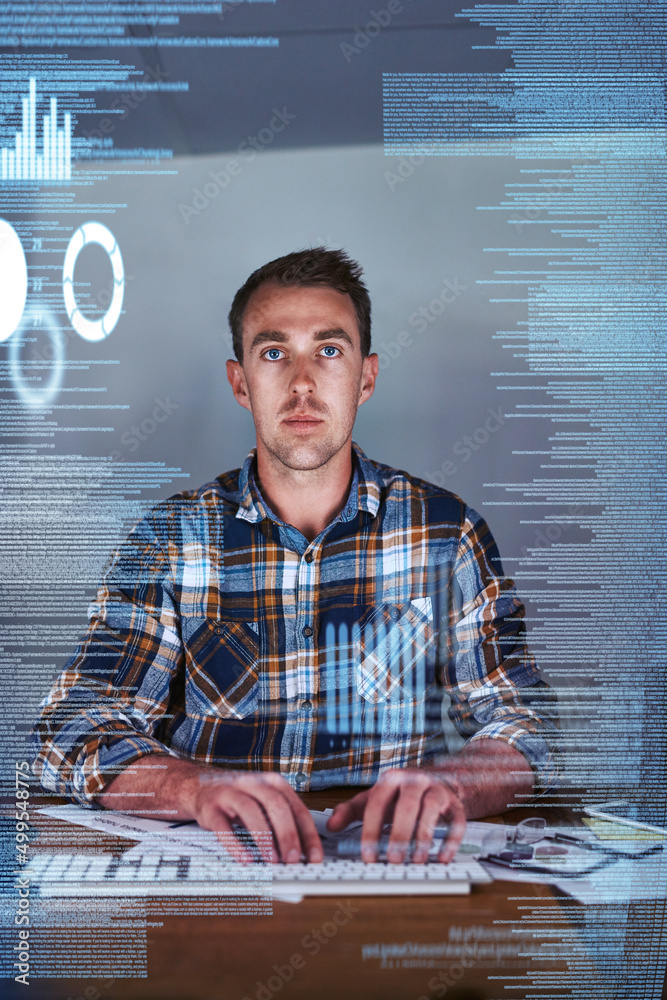 No glitches get past him. Shot of a young programmer working at his computer with an overlay of comp