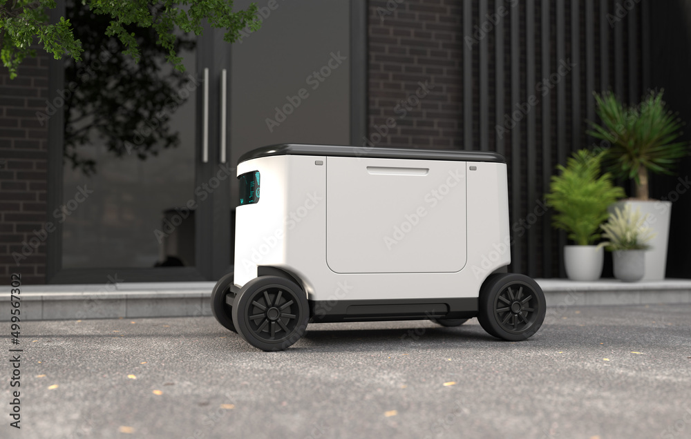 Delivery robot in front of the house, Autonomous delivery robotic.