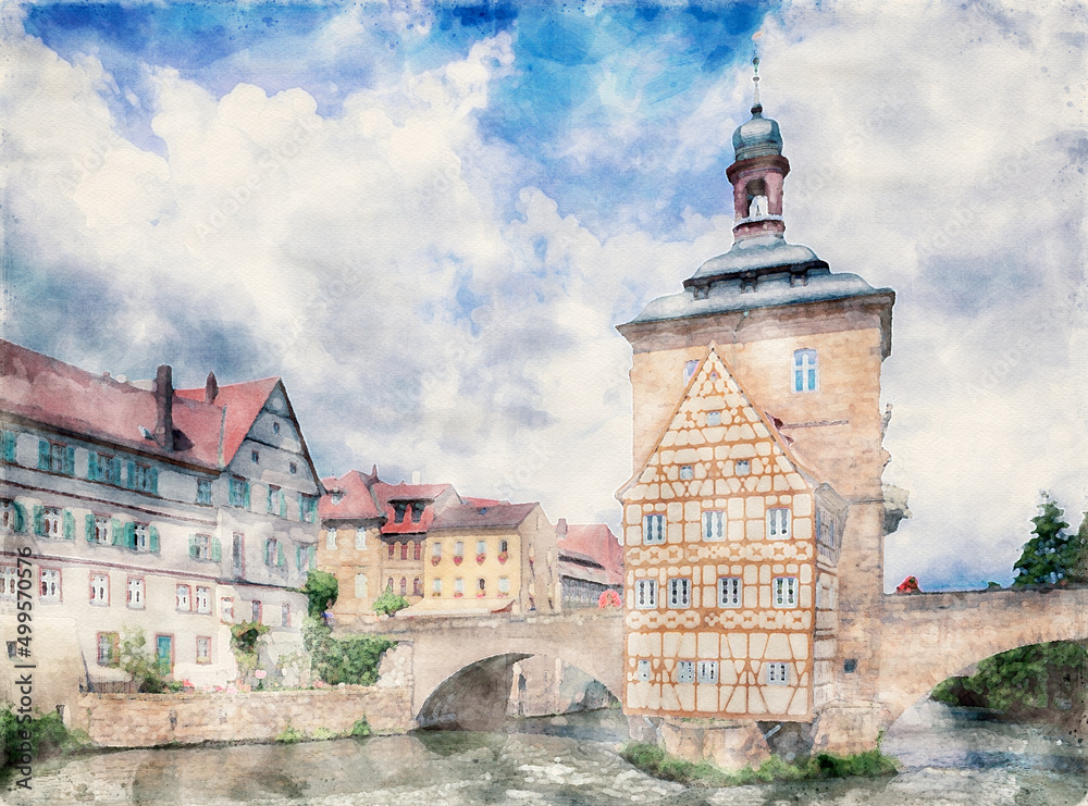 Aquarell: Am alten Rathaus zu Bamberg