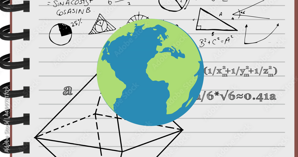 学校笔记本中数学方程上方的地球仪图像