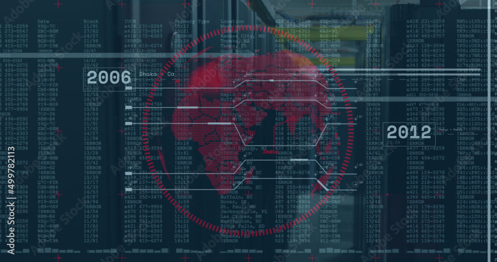 Image of globe and financial data processing over black background