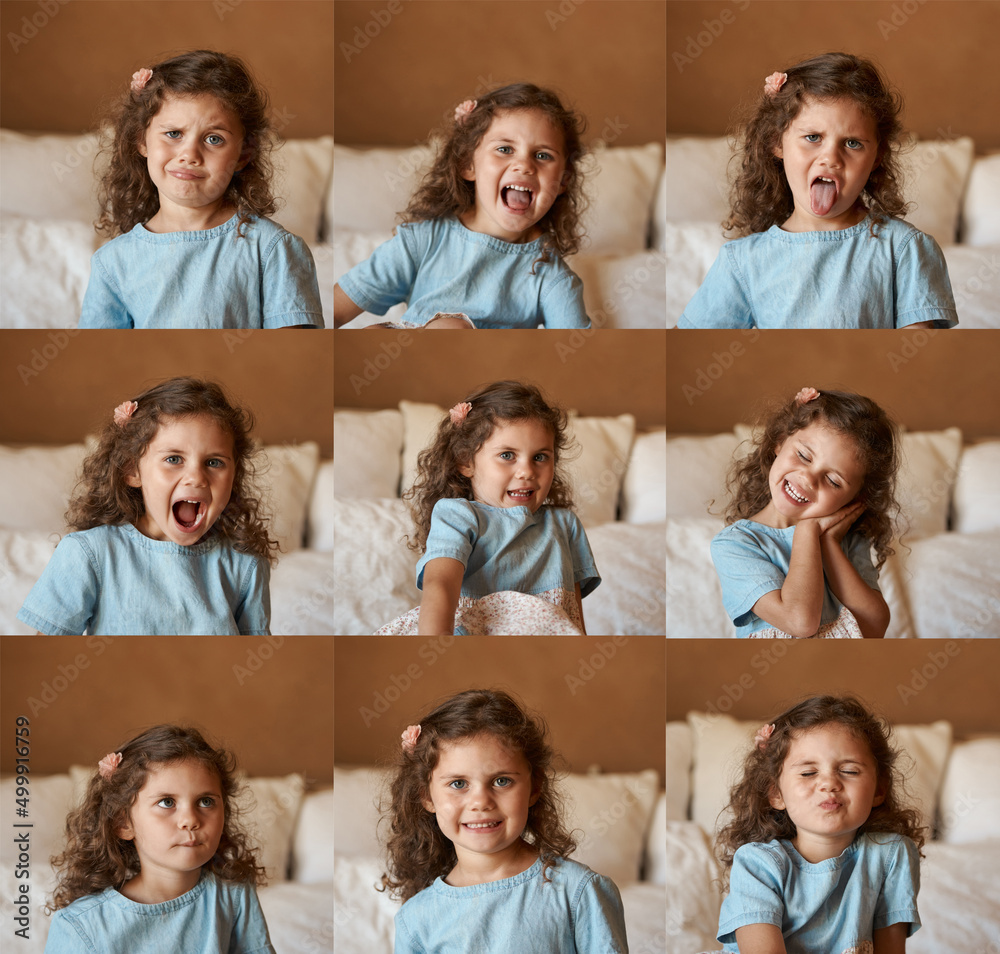 So many looks and facial expressions. Shots of an adorable little girl at home on her bed pulling va