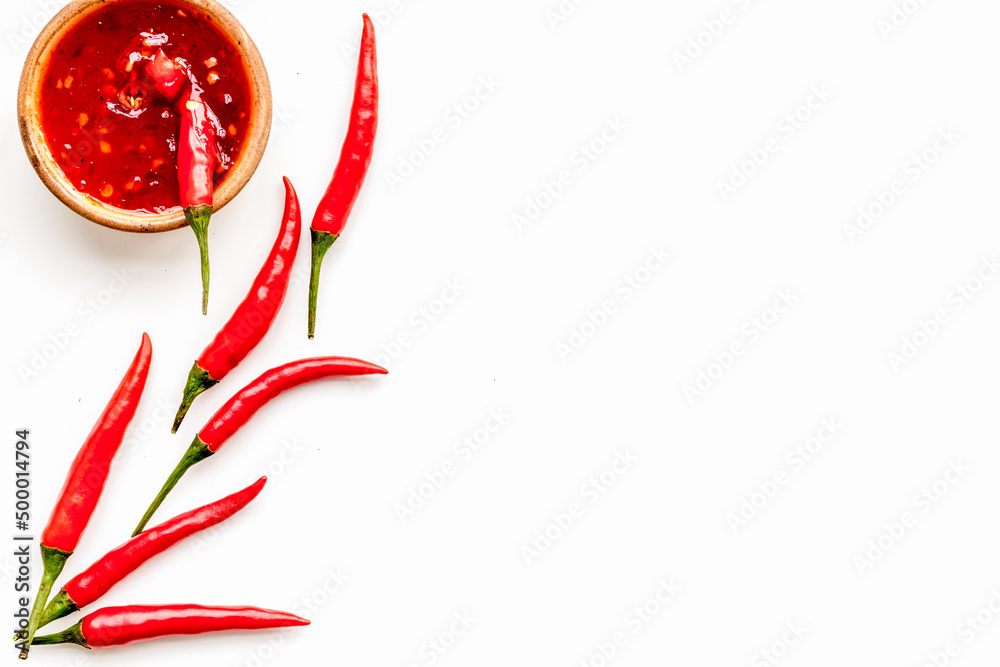 Fresh red chilli pepper as food ingredient on white table background top view mockup